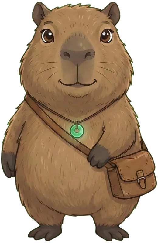 Chui, un chigüire con bolso de cuero y un colgante de jade, parpadeando tranquilo.